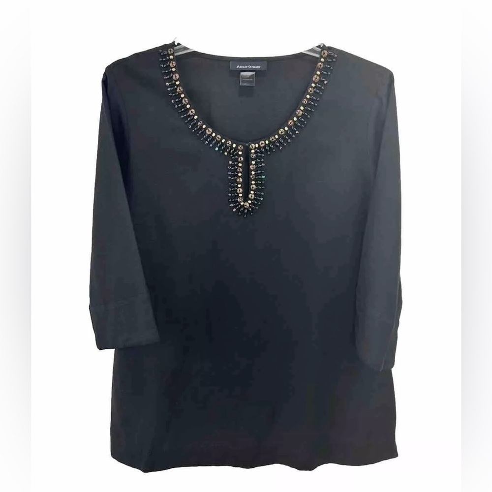 NWOT Ashley Stewart Beaded Neck Tunic Top Size 16 3/4 Bell Sleeve Black Linen